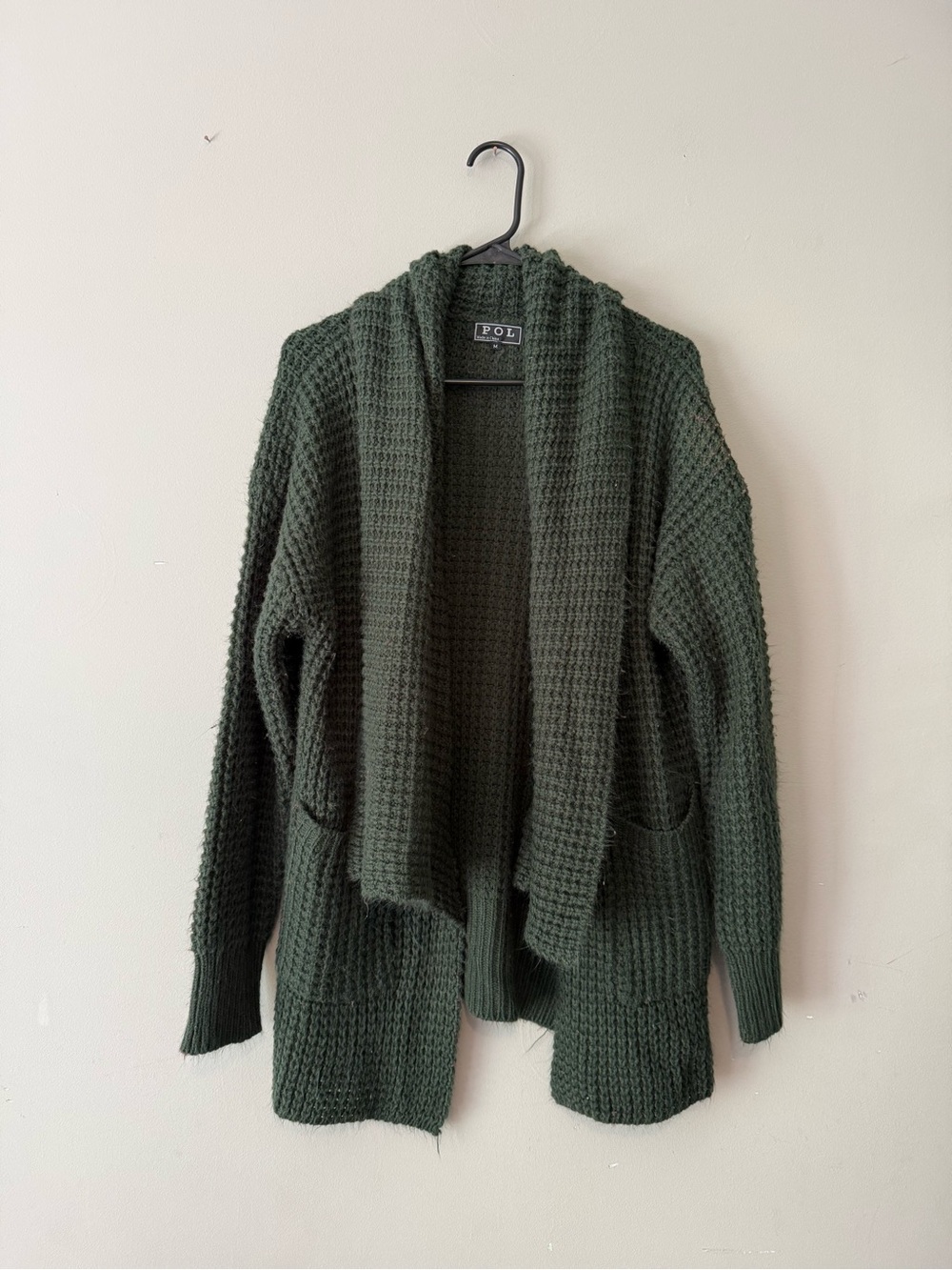 POL Green Open-Front Waffle Knit Women's Cardigan